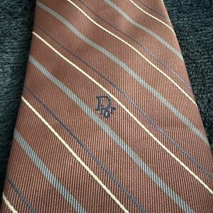Dior Elegant Brown Tie with Cream and Gray Stripes